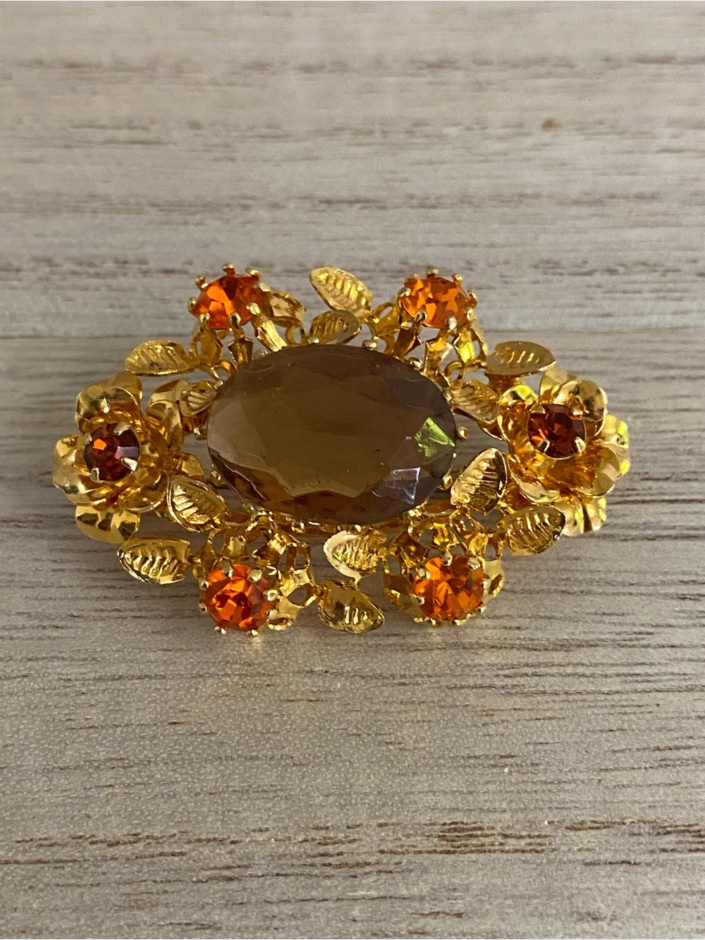 Vintage Signed Austria Smoky Topaz & Saffron Crystal Flower Brooch | 3D Tiered